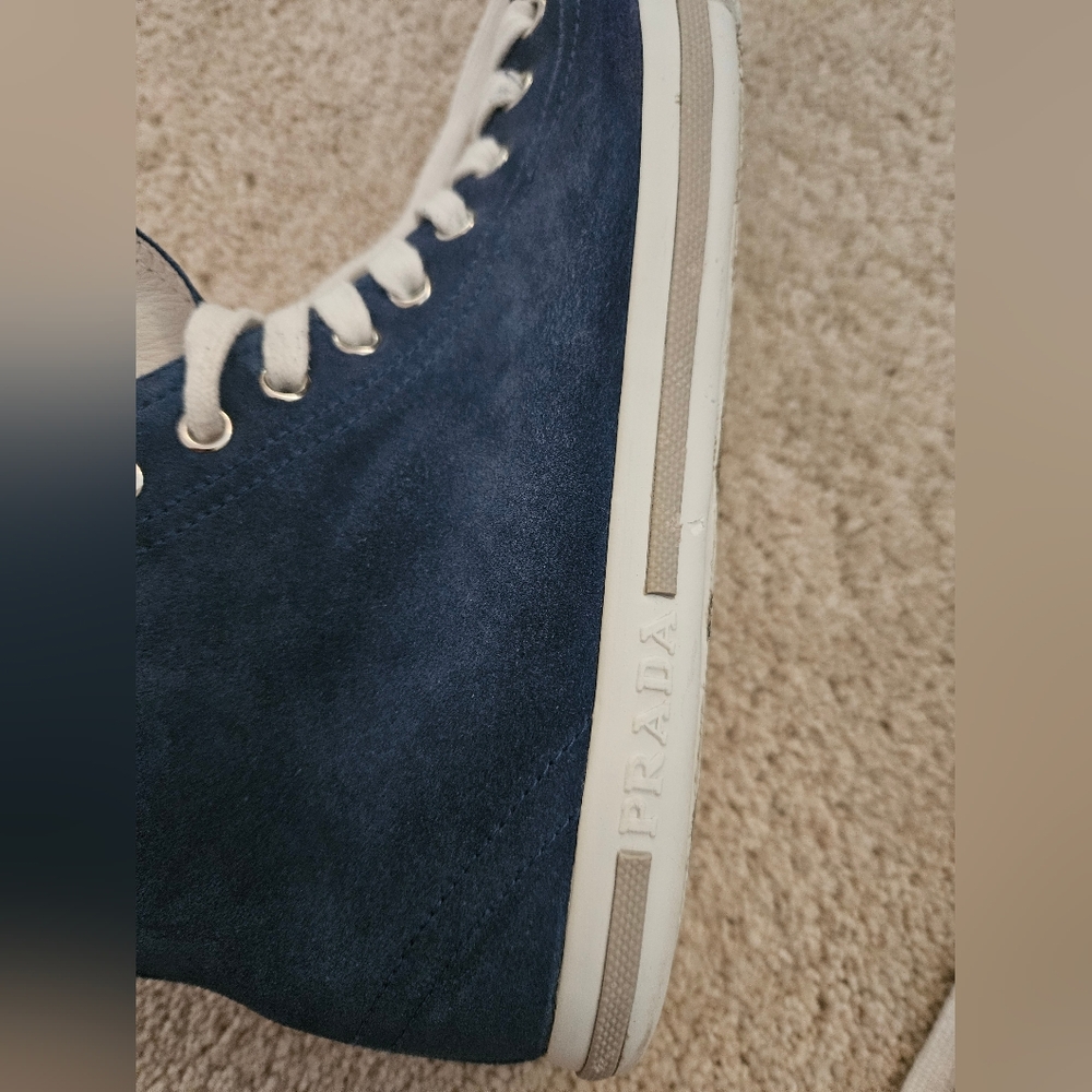 Prada Navy Blue and White High-Top Sneakers - Picture 5 of 10